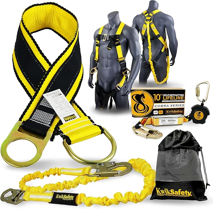 KwikSafety - Charlotte, NC - Gibbon Grip 3 ft [System] Anchor Cross Arm Strap, 10’ Self Retracting Lifeline 6’ Safety Lanyard 3 D-Ring Harness 10 lb Tool Lanyard Fall Arrest OSHA ANSI