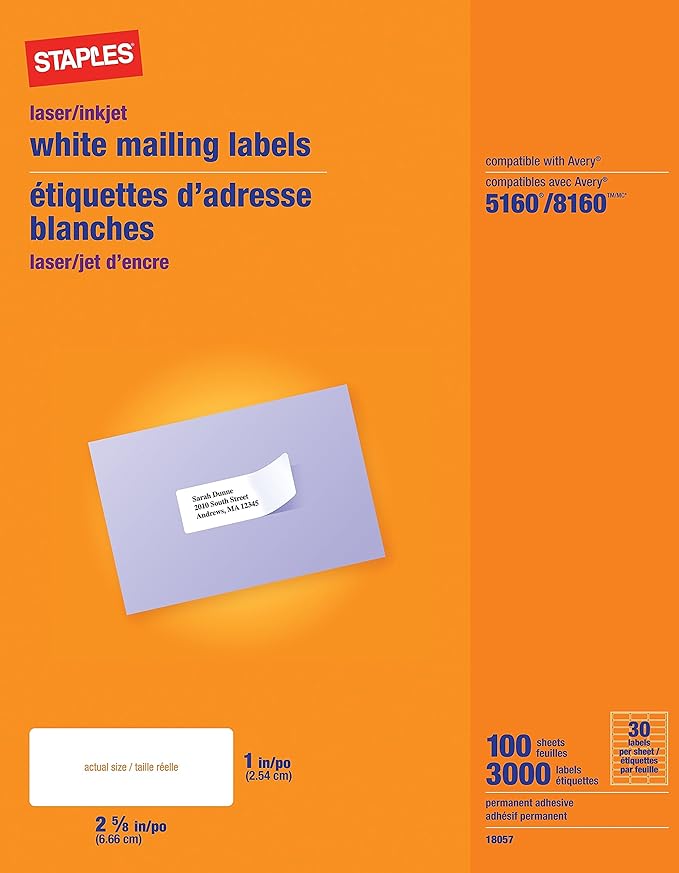 Staples White Mailing Labels for Laser Printers, 1 x 2.62 Inch, 100 Sheets, 3000 Labels