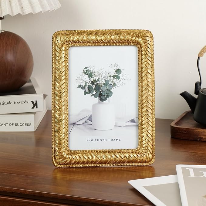 Cuspin Gold 4x6 Picture Frame, Ornate Decorative Rattan Resin Photo Frame, Gold Frames Braided Design for Tabletop Display or Wall Hanging, Elegant Home Decor