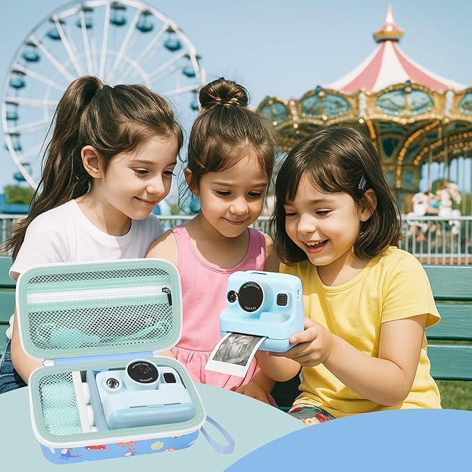 Case Compatible with DYLANTO for ESOXOFFORE for ETIKEZ for YTETCN for DUDUDRAGON Instant Print Camera, Kids Camera Storage for Accessories (Box Only) (Case and 3 Paper Rolls, Blue-Car)
