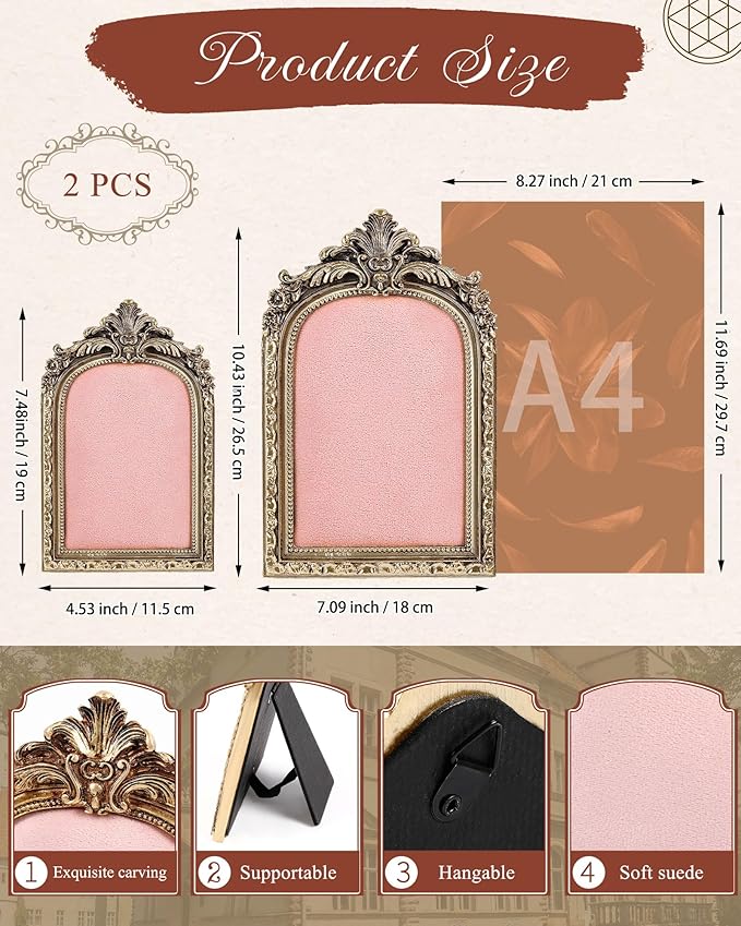2 Pcs Gold Jewelry Display Stand Vintage Necklace Organizer Ring Holder Earring Tray Resin Jewelry Photography Props Frame with Velvet Backing for Gifts(Pink,Large,Small,Elegant)