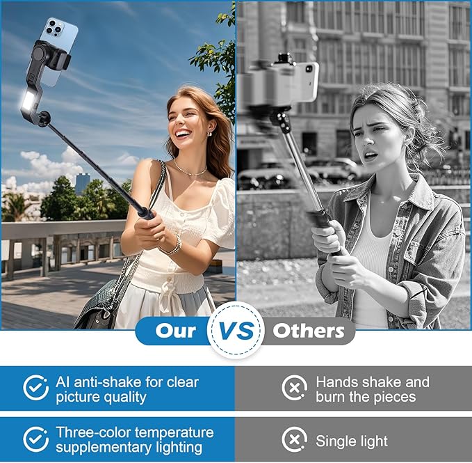Phone Ptabilizer for Video Recording, 3-in-1 Selfie Stick & Tripod, 360° Auto Rotation, Gimbal stabilizer for iPhone、Superior Stabilization for Vloggers, TikTok, Travel (iPhone/Android/GoPro)