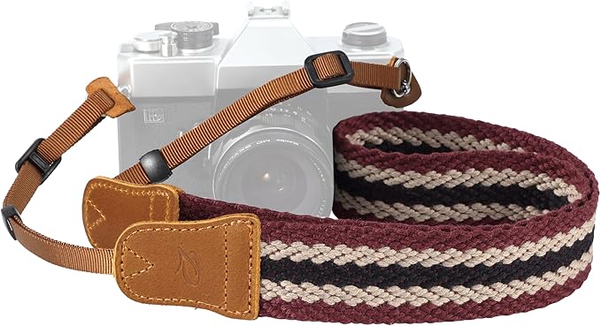 Padwa Lifestyle Stripes Camera Strap - 1.5" Crazy Horse Cowhide Head Soft Cotton Rope Weave Camera Straps for Photographers and All Cameras,Cute Adjustable Vintage Woven Strap for Adults & Kids