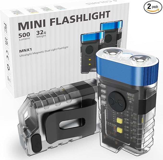 Rechargeable EDC Clip Keychain Flashlight, Pocket Small Mini Flashlights 500 Lumens, 10 Modes 2 Illumination Angles, USB C Charging Magnetic for Home, Emergency, Night Working, 2 Pack, Blue
