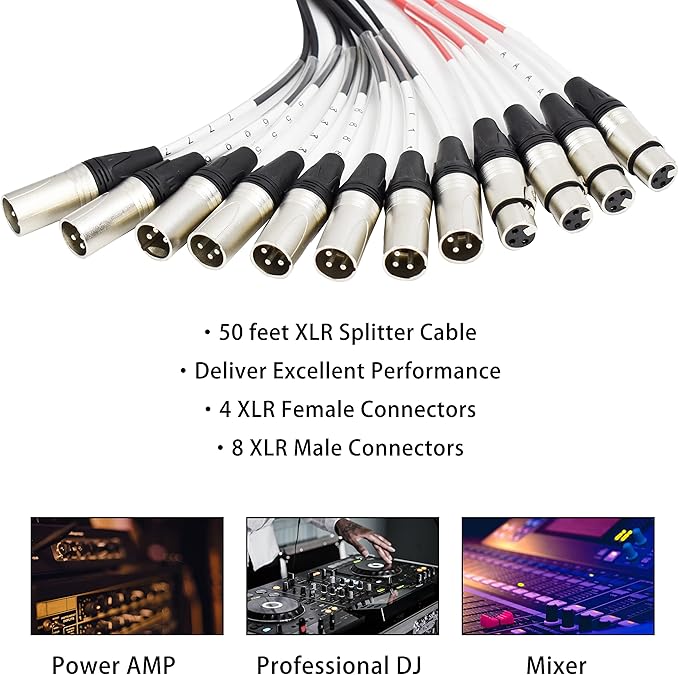 PRORECK 8-Channel Low Profile XLR Send Circuit Board Snake Cables, XLR Splitter Cable for Live, Recording, Stage, Studio, 50 Feet Long