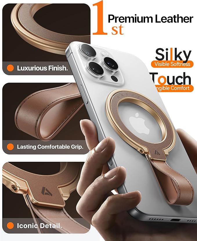 andobil [2025 Premium Leather] Magnetic Phone Grip for MagSafe [Longest Durable] Adjustable Phone Ring Kickstand with Leather Loop Compatible with MagSafe Accessories&iPhone 17 Air 16 15 14 13 Pro Max