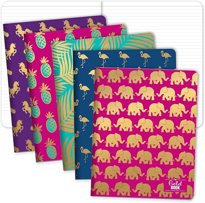 Elan Publishing Company Field Notebook/Journal - 8"x10" - Assorted Patterns Gold Foil - Lined - Pack of 5