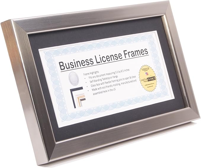 Creative Picture Frames 4-6X11Ss-B Stainless Steel Business License Certificate Frames For Professionals 3.5 By 8.5 Inch Self