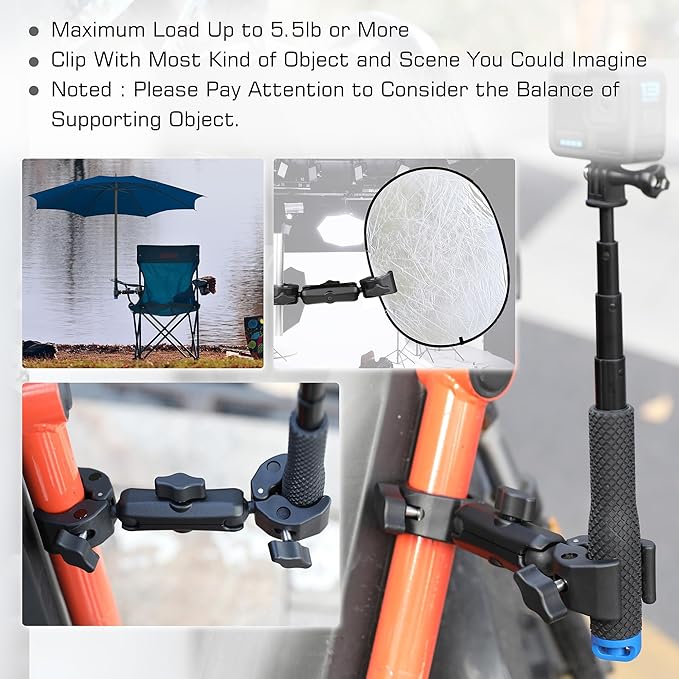 GEPULY Umbrella Clamp for Chair 5.5lb Load, 20-50mm Double Super Camera Mount, Aluminum Magic Arm Dual Ball Head Heavy Duty for Handlebar/Tripod/Stroller Wheelchair/Desk/Pole/Cross Bar/Motorcycle