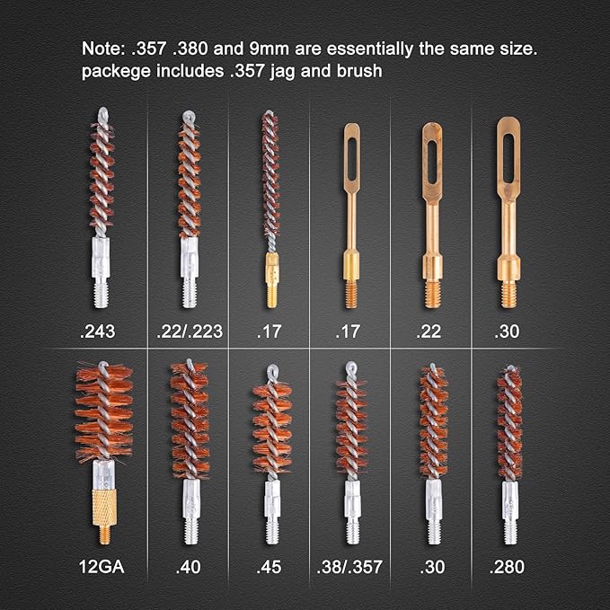 BOOSTEADY Gun Cleaning Kit .17 .22/.223/5.56MM .243 .280 .30 .357/9MM .40 .45 12GA Multi-Caliber Phosphor Bristle Bore Brushes with Flexible Threaded Bore Cleaning Coated Cables in Zippered Case