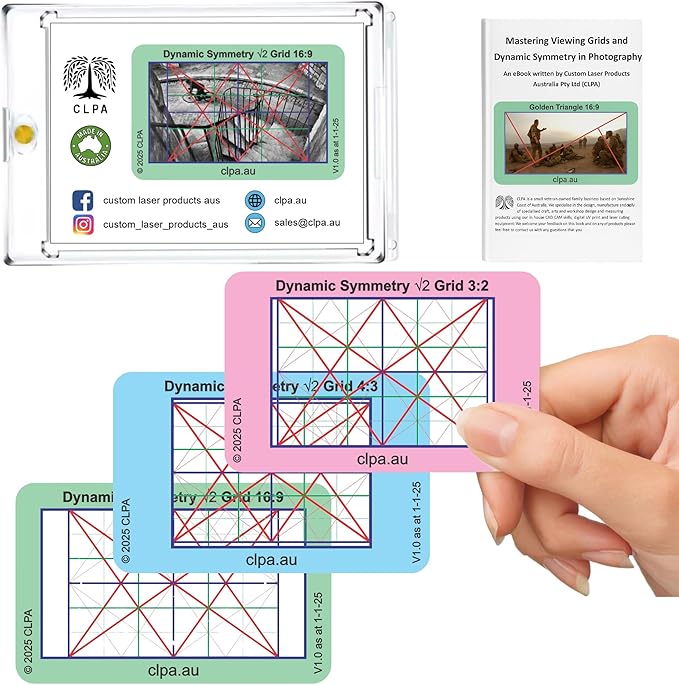 CLPA Dynamic Symmetry Root 2 - Directors and Artists Camera and Drawing Viewfinder: Credit Card-Sized Composition Grids for Video, Photography & Art - Set of 3 View Finders in 4:3, 3:2, & 16:9