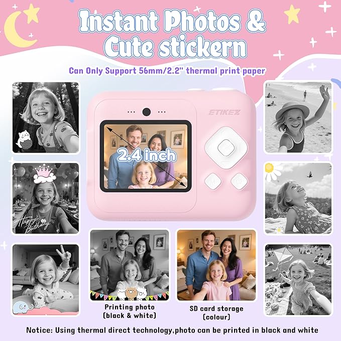 ETIKEZ Kids Camera, 1080P Instant Digital Print Camera for Kids, Christmas Birthday Gifts for 4 5 6 7 8 9 10 Year Old Girls Boys, Portable Toy with 32GB SD Card & 3 Rolls Printing Paper, Rose