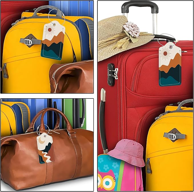 Abstract Landscape PU Leather Luggage Tags for Suitcase, Boho Sun Moon Mountains Travel Cruise 2 Pack with Privacy Flap, Name ID Label and Metal Loop for Women Men Girls Baggage Backpack