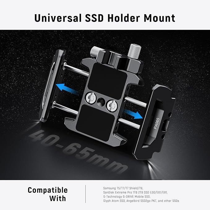 Neewer SSD Holder 40-65mm Quick Release SSD Bracket Mount with Cable Clamp Compatible with SmallRig Phone Cage for 16 Pro Max 15 Pro Max Samsung S24 Ultra T9 T7 T5 SanDisk, PA065