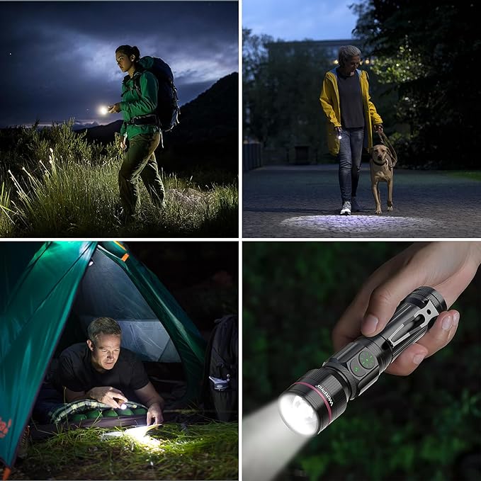 WdtPro 2 Pack Flashlights Rechargeable, Bright Mini LED Pocket Flash Lights with Clip, Zoomable, Dual Switch, 5 Modes, Waterproof Flashlight for Camping Outdoor Home Emergency (Battery Included)