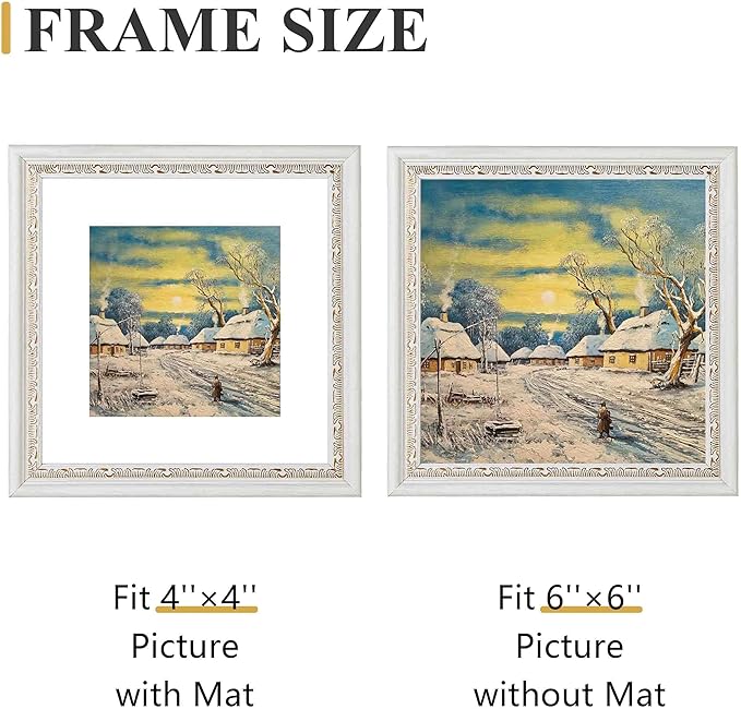 VIOLABBEY 6x6 White Gold Picture Frame, Display 4x4 Photo with Mat or 6x6 without Mat, Ornate Vintage 6 x 6 White Gold Frame for Wall Decor or Tabletop Display