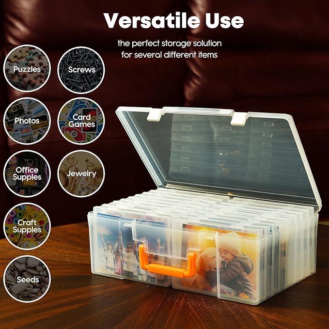 ALINK Photo Storage Box 5" x 7" with Handle, 18 pcs Inner Photo Container Organizer and Craft Keeper, Portable Picture Case with Label for Arts, Crafts, Sewing, Stickers, Office - Clear