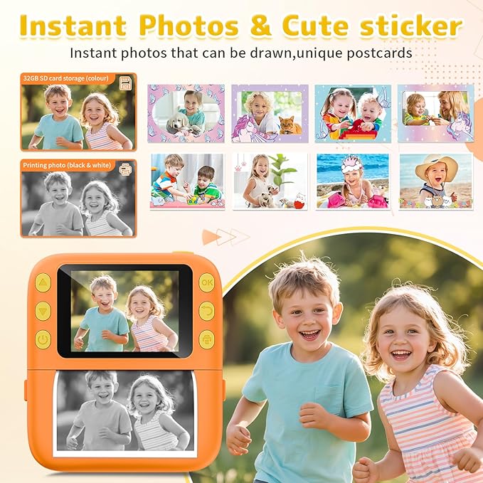 Instant Print Camera for Kids, Christmas Birthday Gifts for Girls Boys, 1080P Instant Digital Print Cameras for Toddler,Portable Toy for 4 5 6 7 8 9 10 Year Old Girl with 32GB SD Card，Orange