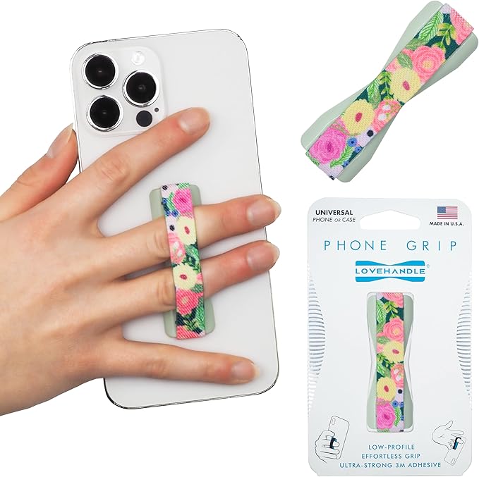 LOVEHANDLE Universal Phone Grip for Smartphones & Mini Tablets - Phone Holder for Hand - Wireless Charging Compatible - Made in The USA - Camellias