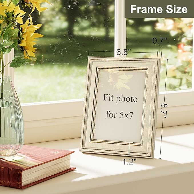 Vittanly 5x7 Picture Frame Set of 4, Vintage Photo Frame for Wall or Tabletop, Display 5x7 Pictures, Rustic Farmhouse Home Decor, Rustic White