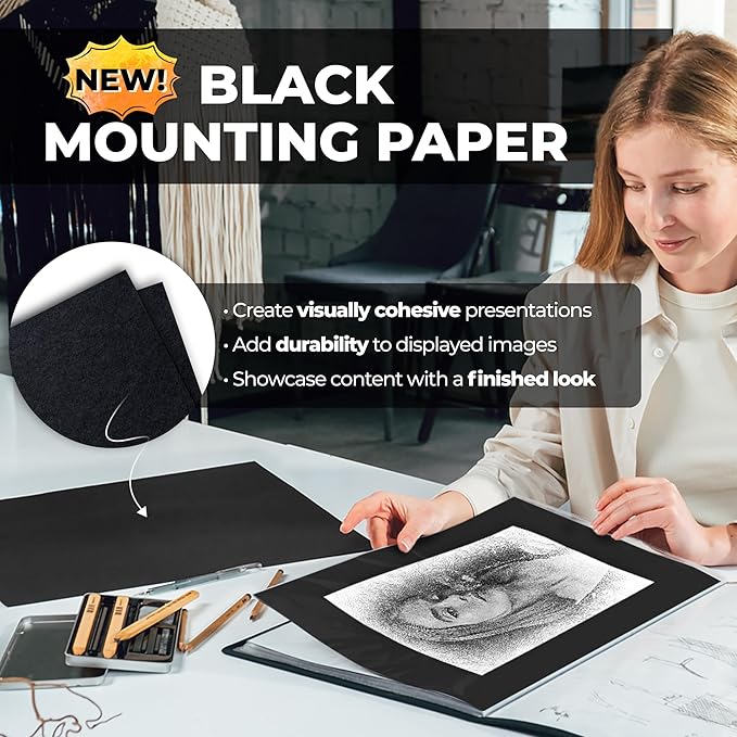 Dunwell 11x17 Art Portfolio Binder with Black Mounting Paper (Silver), Large Portfolio Folder for Artwork Storage, 24 Clear Plastic Sleeves, Displays 48 Pages, Acid-Free Poly 11 x 17 Presentation Book