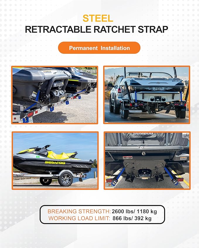 Strapinno 2PCS Retractable Ratchet Straps (1 7/8 in x 4 ft) Heavy Duty Transom Tie Downs for Boat, PWC Trailer - Extra Mounting Brackets & Bolt Set,Safety Latch S-Hook,Break Strength 2,600LBS/1,180KG