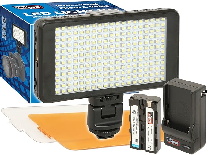 Vidpro LED-230 Photo and Video Light Kit - On Camera Panel LED Light - Adjustable and Dimmable Light Fits Cameras Video Camcorders and DLSR w/Hot Shoe Includes Rechargeable Battery Diffuser and More
