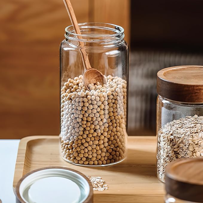 MOLADRI 28 fl oz/850 ml Clear Glass Storage Canister with Airtight Wooden Screw Lid, Medium Cute Decorative Glass Container Jar for Coffee,Candy,Salt,Cookie,Condiment,Pepper,Sugar,Overnight Oatmeal