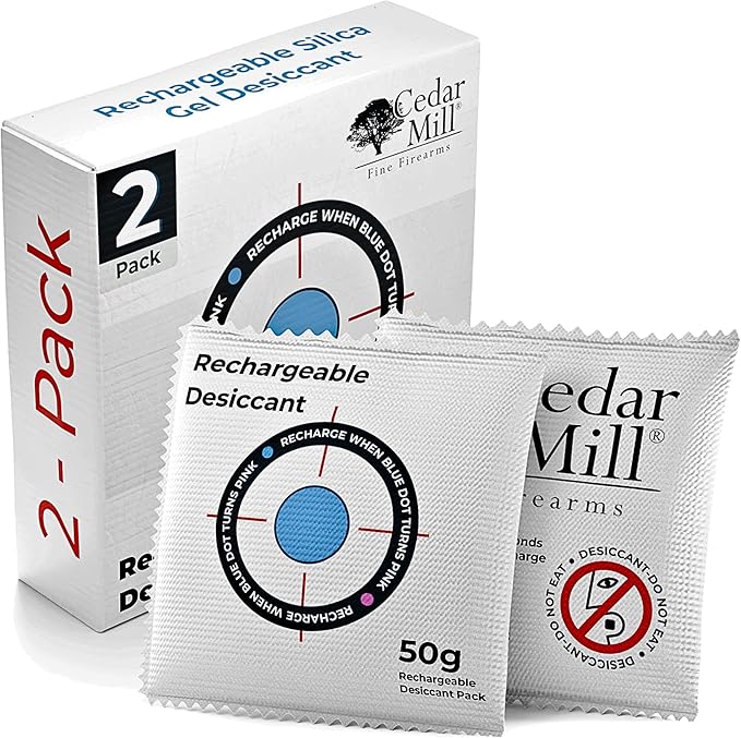 Cedar Mill Fine Firearms Gun Safe Dehumidifier – 50g Rechargeable Desiccant Packs - Reusable Moisture Absorbers for Pistol Cases, Firearms, Closet, Car - Pack of 2