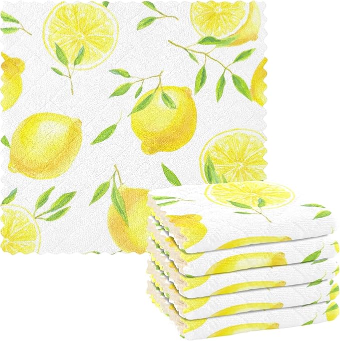 CaTaKu Lemons Leaves Kitchen Dish Cloths, 6 Pack Reusable Dish Rags for Washing Dishes, Microfiber Cleaning Cloths Dish Towels Washcloths for Kitchen Drying