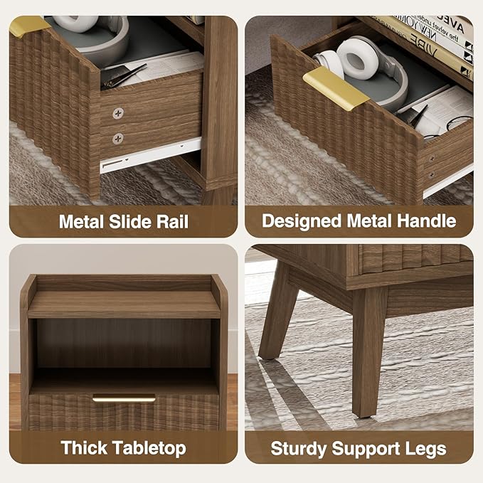 Modern Fluted Nightstand with Drawer and Open Storage Shelf, Bedside Table with Raised Edge, Boho Night Stand with Solid Wood Legs & Metal Handle, End Table for Bedroom Walnut