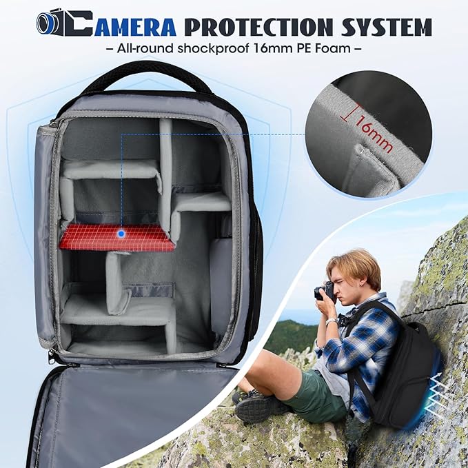 RAINSMORE Camera Backpack Camera Bag for Photographers DSLR SLR Mirrorless Camera Cases with Waterproof Rain Cover & Laptop Compartment Fits 14 Inch Laptop,Anti Theft Travel photography backpack,Black
