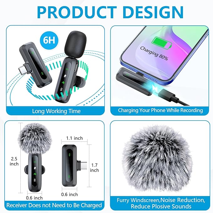 Wireless Microphone Mini Mic for iPhone/Android Phone, LED Display Lavalier Microphone for Video Recording Clip on Lapel Lav Mics Vlog YouTube TikTok