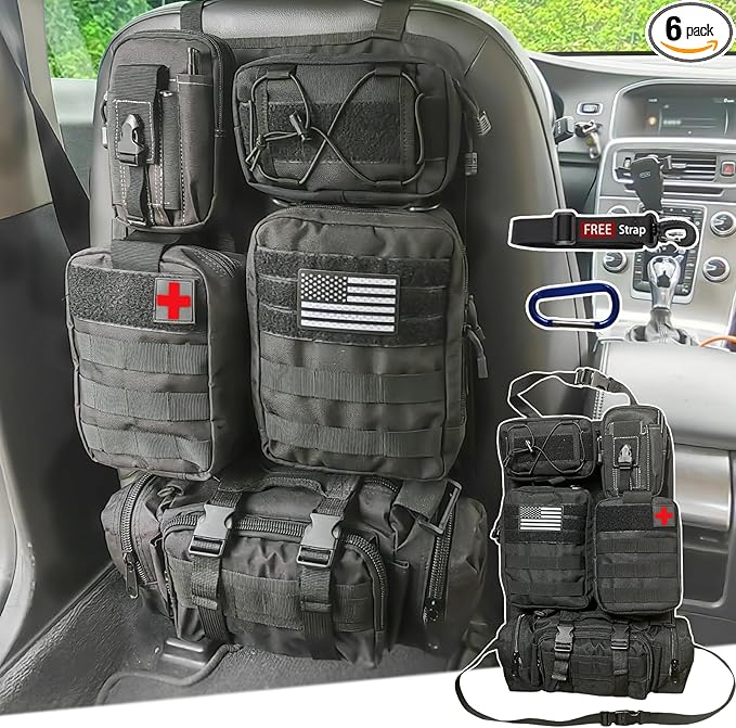 6 Pack Tactical Molle Car Seat Back Organizer Tactical Vehicle Panel with 5 Detachable Molle Pouch for Car Truck Ford Jeep Vehicle,US Patch Automotive Organizer For Man (5 Pouches)