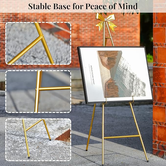 53”H Metal Gold Easel Stand for Sign, Large Adjustable Display Standing with Butterfly Bow Top for Wedding Displaying Pictures Poster Holder Showcasing