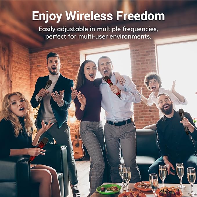 TONOR Wireless Microphones System with 4x10 Channels Cordless Handheld Microfono Inalambrico, UHF Mics with Stable Signal Transmission for Karaoke Singing Party Church Wedding 60 m/200ft Red