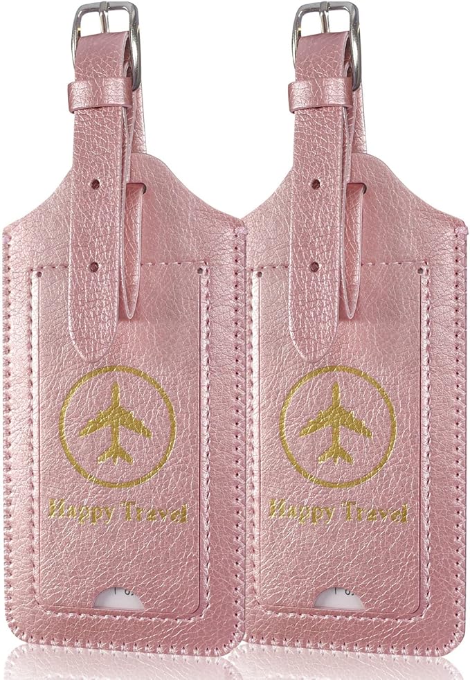 ACdream Luggage Tags 2 Pack, Leather Suitcase Tags Identifiers, Cute Cruise ID Labels with Privacy Cover fits on Backpack, Travel Bag, for Women, Men, Adults, Kids, Rose Gold