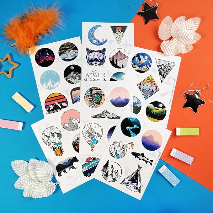 BulbaCraft 100 Pcs Mountain Stickers for Water Bottle, Outdoor Stickers, Camping Decals, Nature Decals, Party Supplies Camping Theme, Gifts for Women & Men