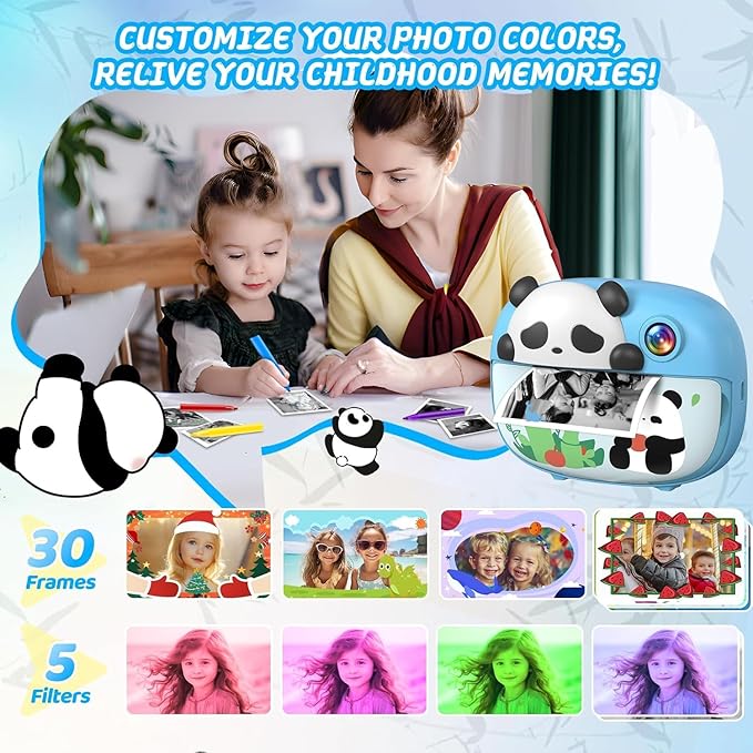 Panda Kids Camera Instant Print Photo with 32G Card, 1080P HD Video Instant Cameras Age 3-12, Digital Toddler Camera Toys with Color Pens for DIY 3-12 Year Old Girls Boys Gifts Birthday, Blue