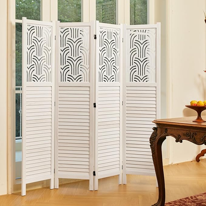 Folding Room Divider, 66.9 Inch 4 Panels Wood Carved Privacy Screens, Free Assembled Freestanding Portable Separation Wall for Home Office Restaurant Bedroom (White)