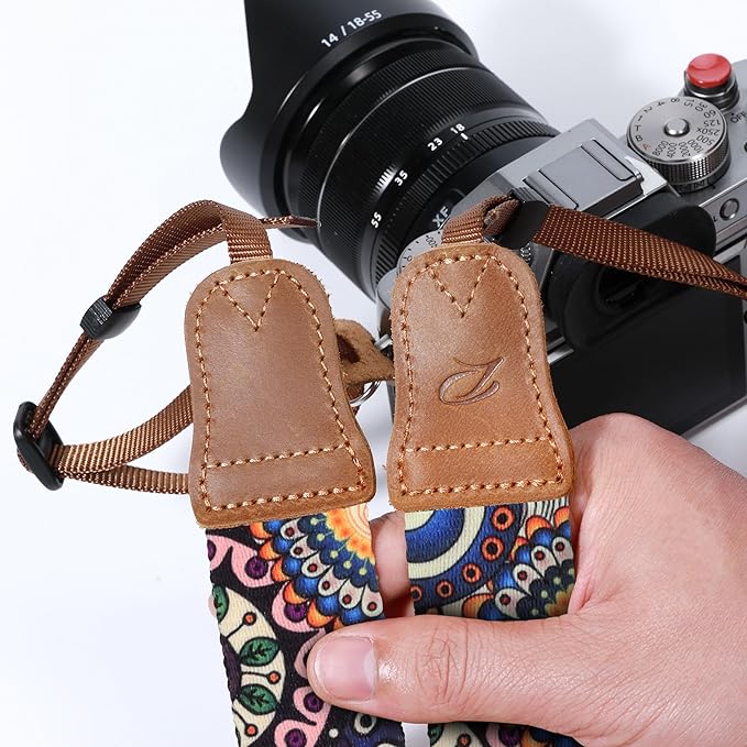 Padwa Lifestyle Camera Strap - 1.5" Soft Nylon Print Crazy Horse Cowhide Head Camera Straps for Photographers and All Cameras,Cute Adjustable Vintage Woven Strap for Adults & Kids(Bohemian Bloom)