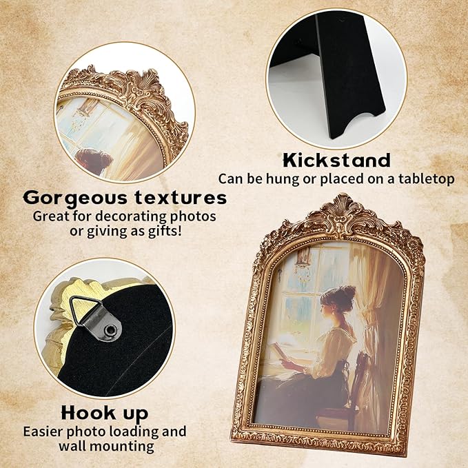 3 PCS Vintage Picture Frames 4x6, 5x7, 6x8 Inch Wall & Tabletop Picture Frames Antique Baroque Ornate Gold Arched Photo Frame Set with Stand and Haning Hook for Home Decor Photography Props Gifts