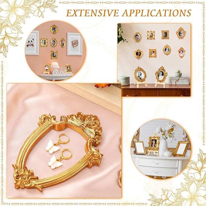 Remerry 10 Pcs Gold Vintage Picture Frame Antique Mini Frame Small Photo Display Miniature Tiny Resin Jewelry Display 4 Inch Wooden Stand for Home Wedding