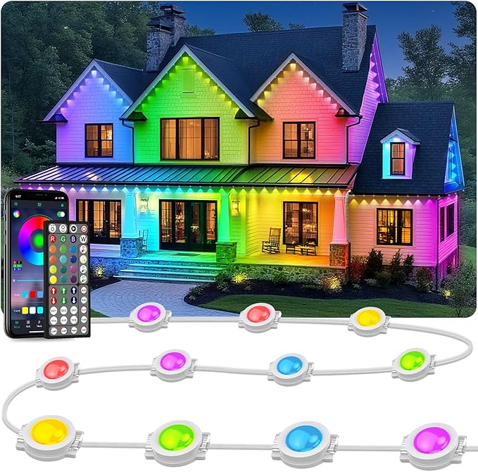 LITSOUL 150FT Permanent Outdoor Lights for House Waterproof, Smart RGB Eave LED Lighting with 16 Million Colors, IP67 Outdoor Strip Lights for Christmas Halloween Holiday Daily Decorations (45m/150FT)