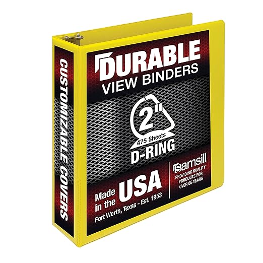 Samsill Durable 2 inch 3 Ring Binder, Made in USA, D Ring Binder, FSC 100% Recycled Chipboard, Yellow