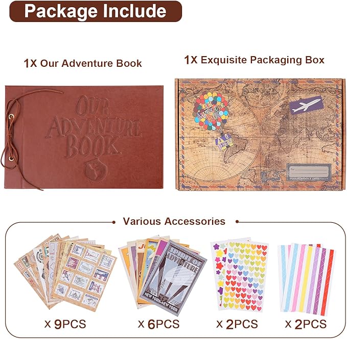 Our Adventure Book Scrapbook Photo Album,3D Embossed Words Leather Memory Book with 80 Pages for Couples Gifts,Anniversary Wedding,Valentine's Day