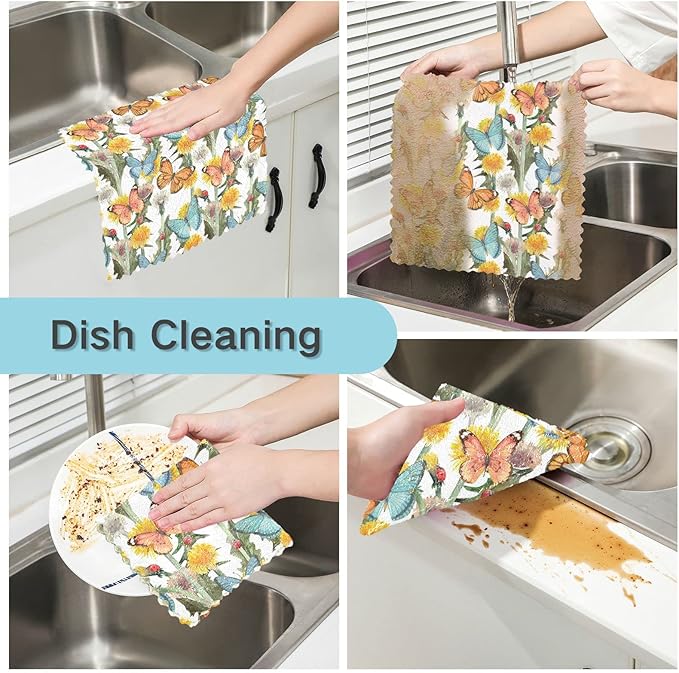 CaTaKu Wild Flower Butterfly Kitchen Towel Set of 6 Reusable Cleaning Cloths Bar Hand Towel Dishcloths