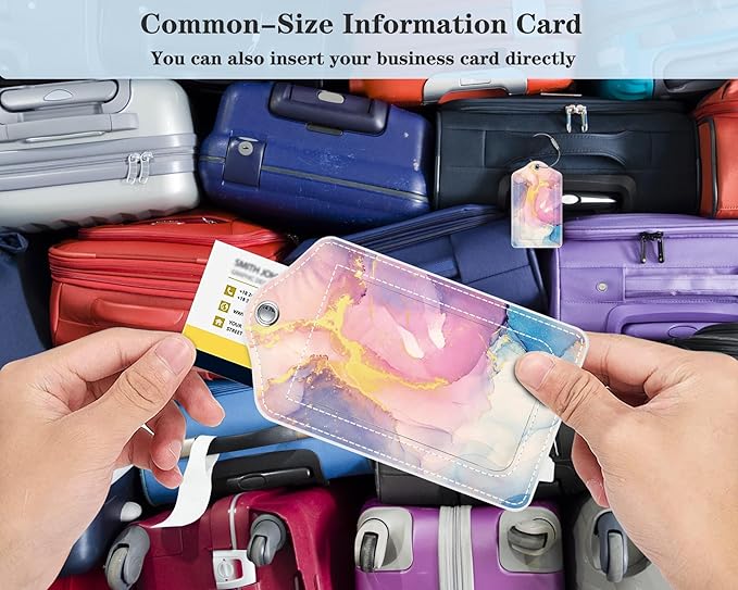 (Set of 2) Luggage Tag Leather Privacy Cover ID Label Address Card with Stainless Steel Loop, Travel Bag Tags Suitcase Labels, Colorful Gold