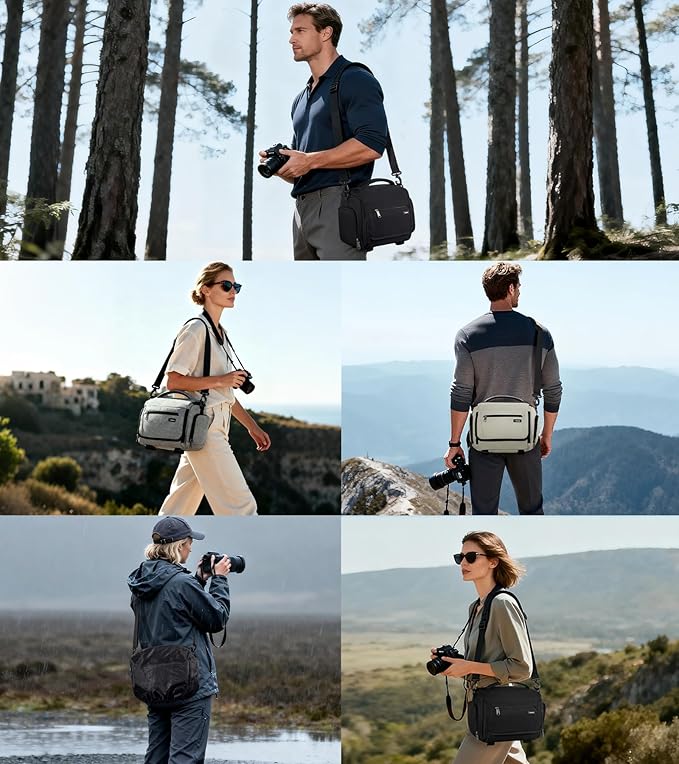 RAINSMORE Camera Bag, SLR/DSLR/Mirrorless Camera Case with Divider Tripod Holder Waterproof Sling Bag Crossbody Camera Bags for Photographers with Rain Cover for Canon/Sony/Nikon/Fuji, Black