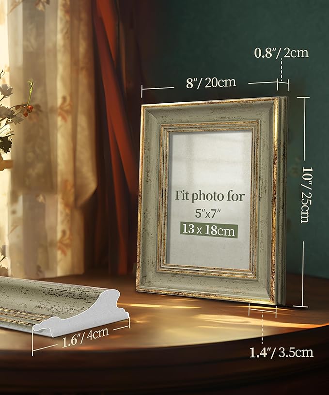 Afuly 5x7 Picture Frame Vintage Antique Photo Frame Retro Green Gold Picture Frames Home Decor for Wall Haning or Tabletop Display, Wedding Birthday Gifts for Mom Grandma Women
